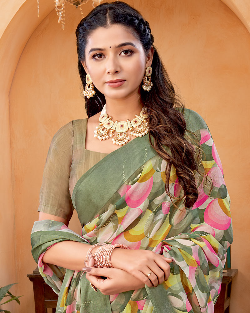 Vishal Prints Greyish Green Digital Print Georgette Saree With Foil Print And Weaved Satin Patta