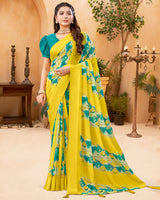 Vishal Prints Dusty Yellow Digital Print Georgette Saree With Foil Print And Weaved Satin Patta