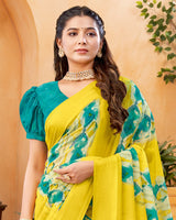 Vishal Prints Dusty Yellow Digital Print Georgette Saree With Foil Print And Weaved Satin Patta