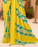 Vishal Prints Dusty Yellow Digital Print Georgette Saree With Foil Print And Weaved Satin Patta