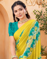 Vishal Prints Dusty Yellow Digital Print Georgette Saree With Foil Print And Weaved Satin Patta