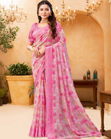 Vishal Prints Dusty Rose Pink Digital Print Georgette Saree With Foil Print And Weaved Satin Patta