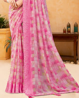Vishal Prints Dusty Rose Pink Digital Print Georgette Saree With Foil Print And Weaved Satin Patta
