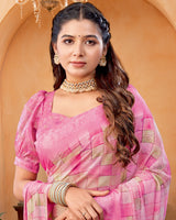 Vishal Prints Dusty Rose Pink Digital Print Georgette Saree With Foil Print And Weaved Satin Patta