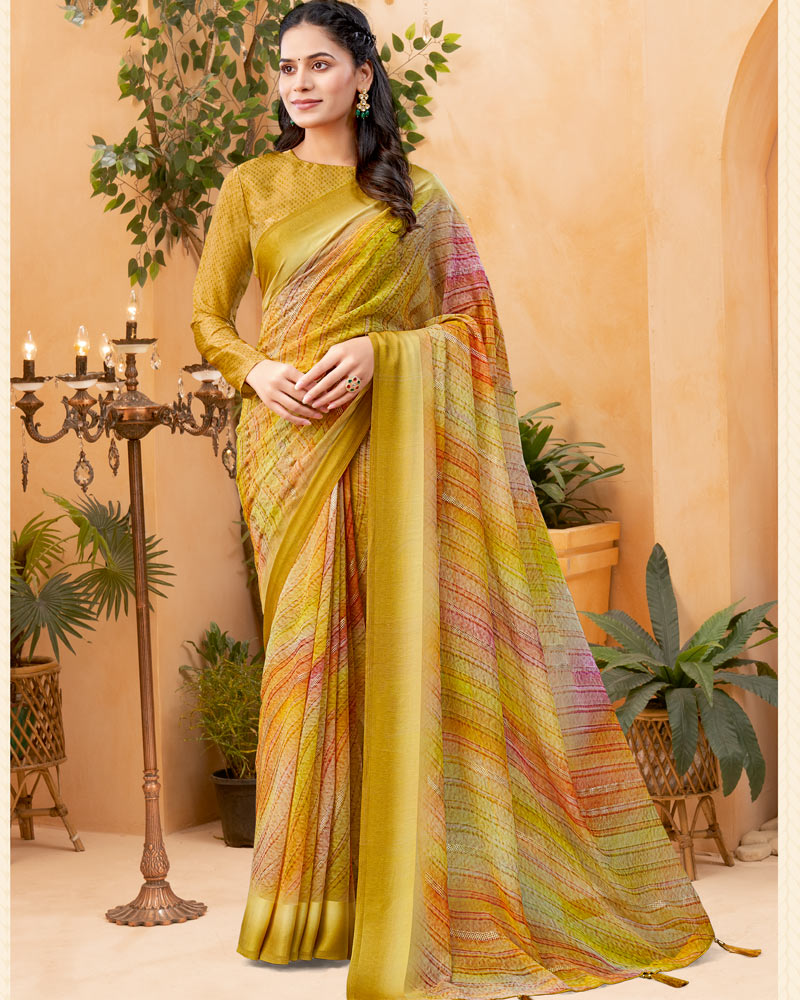 Vishal Prints Ginger Brown Digital Print Georgette Saree With Foil Print And Weaved Satin Patta