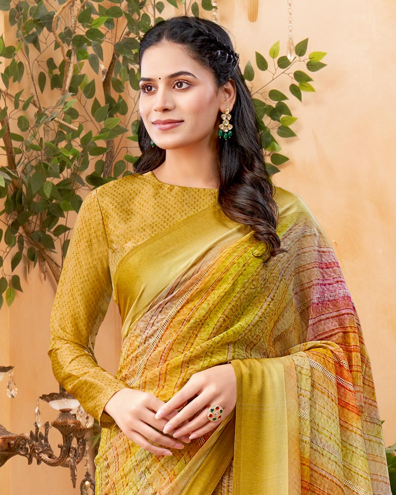 Vishal Prints Ginger Brown Digital Print Georgette Saree With Foil Print And Weaved Satin Patta