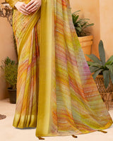 Vishal Prints Ginger Brown Digital Print Georgette Saree With Foil Print And Weaved Satin Patta