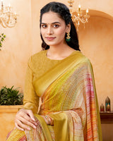 Vishal Prints Ginger Brown Digital Print Georgette Saree With Foil Print And Weaved Satin Patta