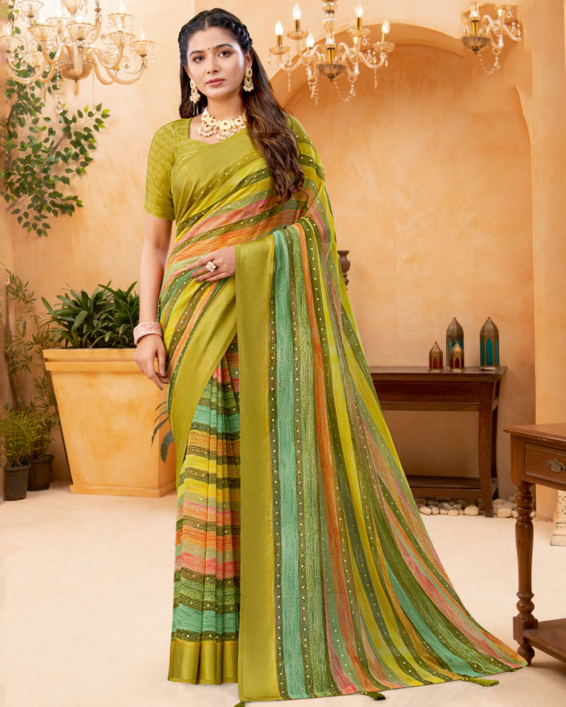 Vishal Prints Ginger Brown And Moss Green Digital Print Georgette Saree With Foil Print And Weaved Satin Patta