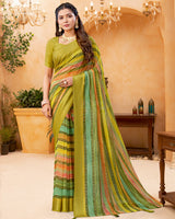 Vishal Prints Ginger Brown And Moss Green Digital Print Georgette Saree With Foil Print And Weaved Satin Patta
