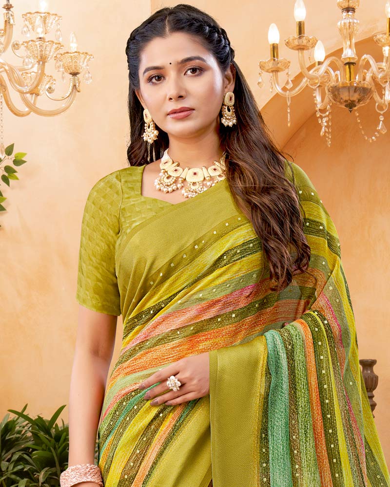 Vishal Prints Ginger Brown And Moss Green Digital Print Georgette Saree With Foil Print And Weaved Satin Patta