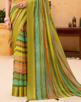Vishal Prints Ginger Brown And Moss Green Digital Print Georgette Saree With Foil Print And Weaved Satin Patta