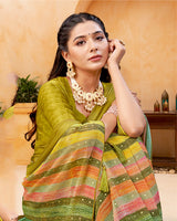 Vishal Prints Ginger Brown And Moss Green Digital Print Georgette Saree With Foil Print And Weaved Satin Patta