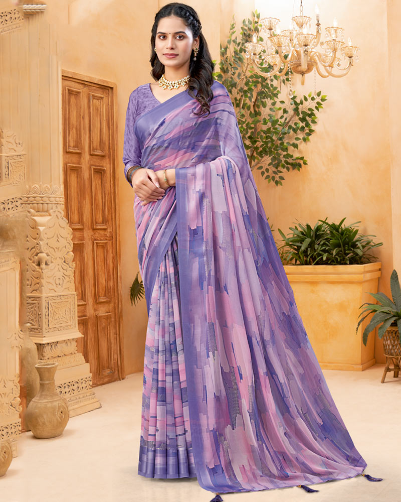 Vishal Prints Faded Purple Digital Print Georgette Saree With Foil Print And Weaved Satin Patta