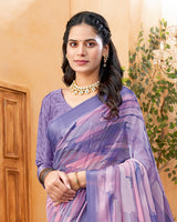 Vishal Prints Faded Purple Digital Print Georgette Saree With Foil Print And Weaved Satin Patta