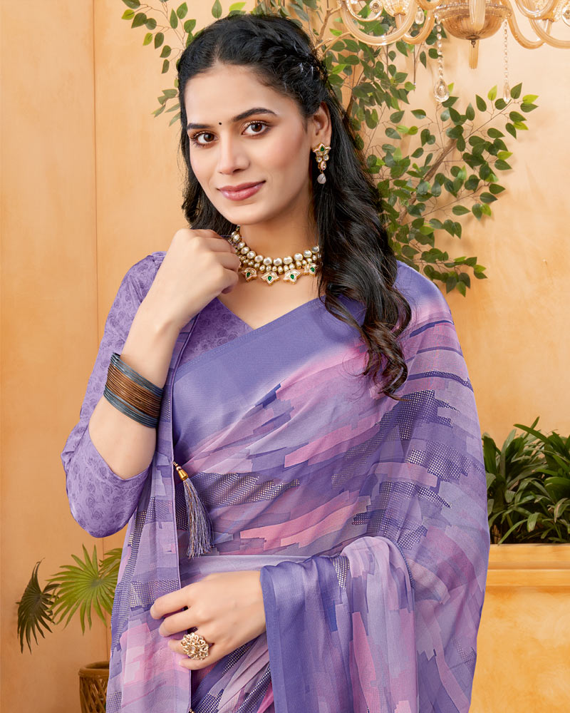 Vishal Prints Faded Purple Digital Print Georgette Saree With Foil Print And Weaved Satin Patta