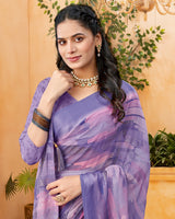 Vishal Prints Faded Purple Digital Print Georgette Saree With Foil Print And Weaved Satin Patta