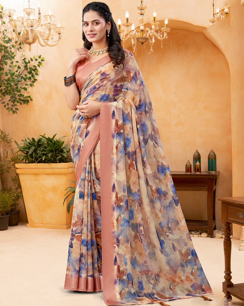 Vishal Prints Brownish Pink And Pale Taupe Digital Print Georgette Saree With Foil Print And Weaved Satin Patta