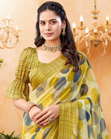 Vishal Prints Sandy Brown Digital Print Georgette Saree With Foil Print And Weaved Satin Patta