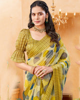 Vishal Prints Sandy Brown Digital Print Georgette Saree With Foil Print And Weaved Satin Patta