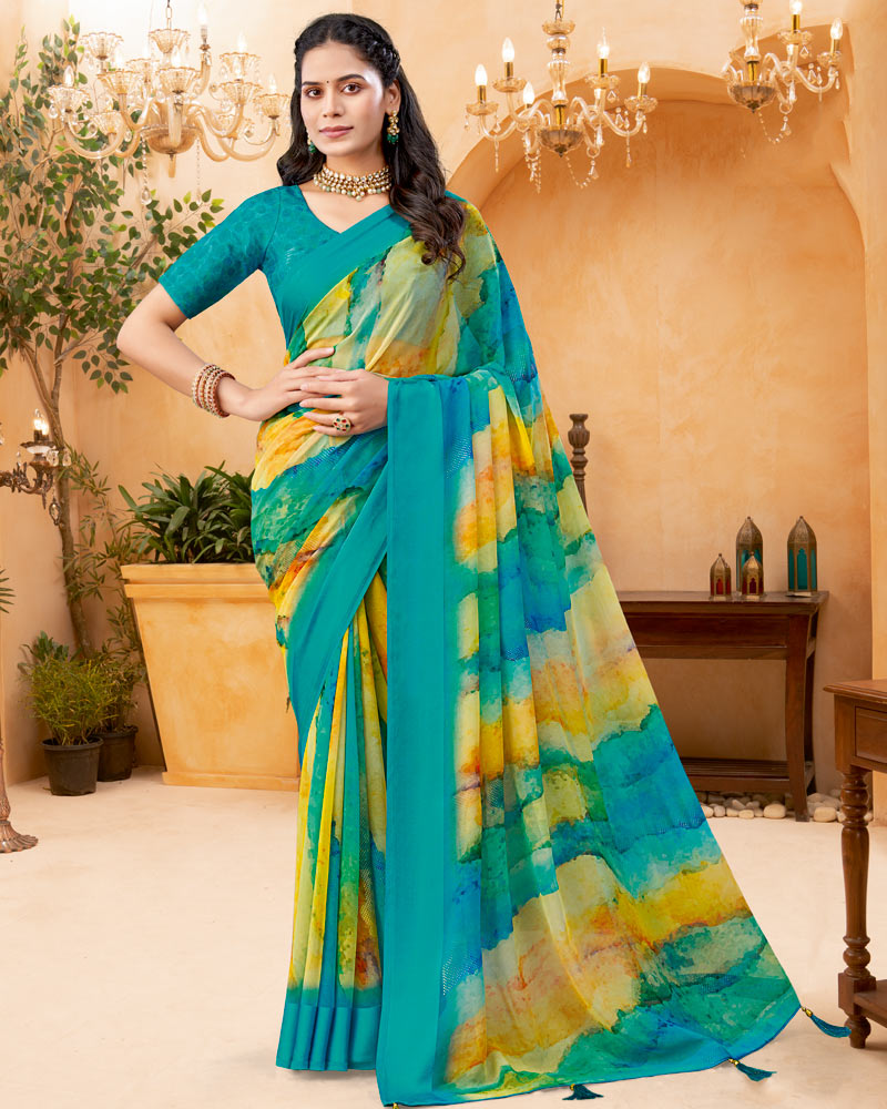 Vishal Prints Sea Green And Yellowy Brown Digital Print Georgette Saree With Foil Print And Weaved Satin Patta