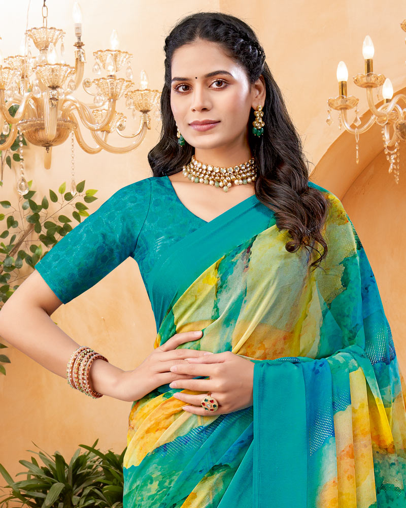 Vishal Prints Sea Green And Yellowy Brown Digital Print Georgette Saree With Foil Print And Weaved Satin Patta