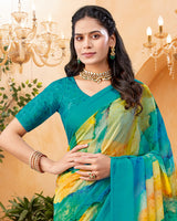 Vishal Prints Sea Green And Yellowy Brown Digital Print Georgette Saree With Foil Print And Weaved Satin Patta