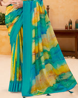 Vishal Prints Sea Green And Yellowy Brown Digital Print Georgette Saree With Foil Print And Weaved Satin Patta