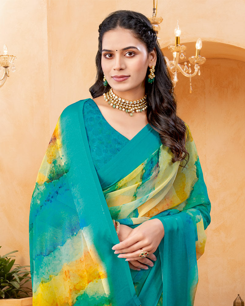 Vishal Prints Sea Green And Yellowy Brown Digital Print Georgette Saree With Foil Print And Weaved Satin Patta