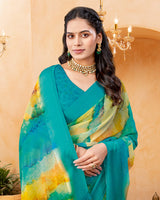 Vishal Prints Sea Green And Yellowy Brown Digital Print Georgette Saree With Foil Print And Weaved Satin Patta