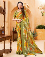 Vishal Prints Greenish Beige Digital Print Georgette Saree With Foil Print And Weaved Satin Patta