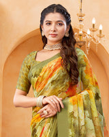 Vishal Prints Greenish Beige Digital Print Georgette Saree With Foil Print And Weaved Satin Patta