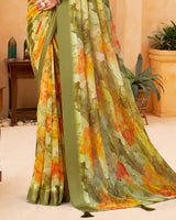Vishal Prints Greenish Beige Digital Print Georgette Saree With Foil Print And Weaved Satin Patta
