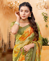 Vishal Prints Greenish Beige Digital Print Georgette Saree With Foil Print And Weaved Satin Patta