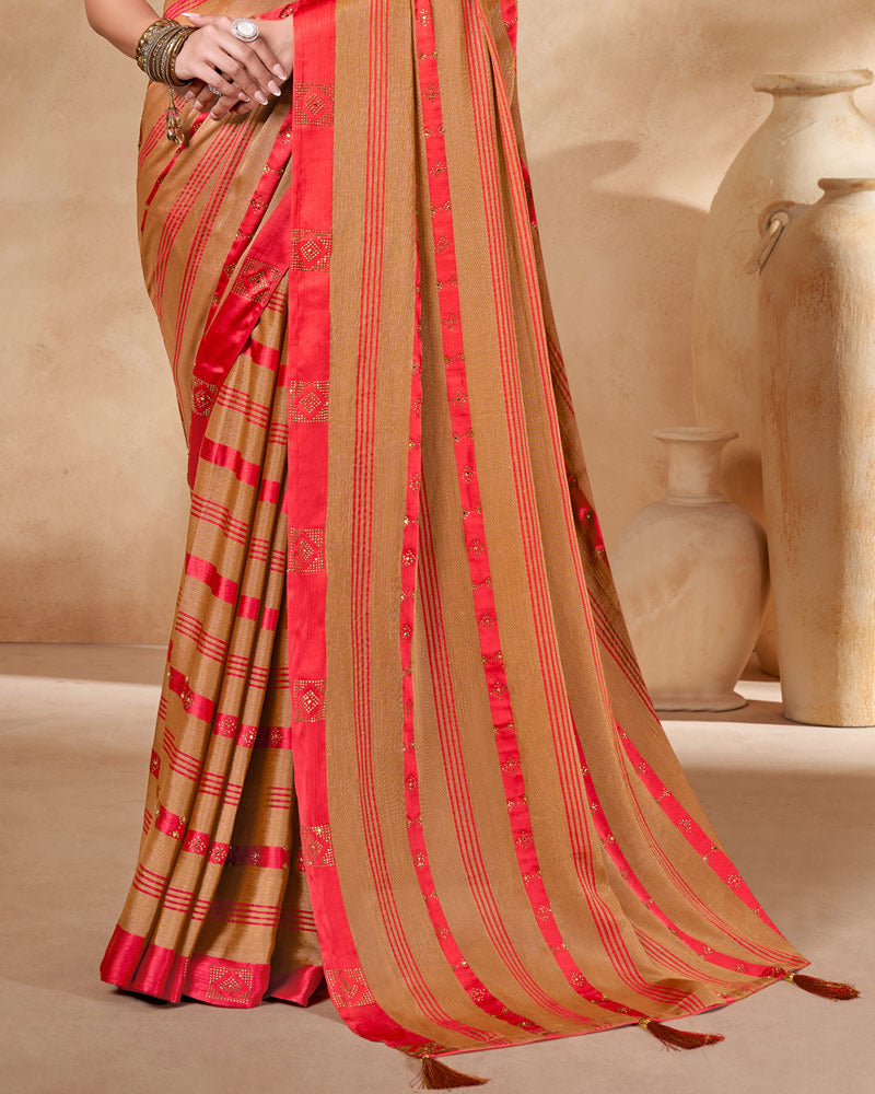 Vishal Prints Red Satin Brasso Designer Saree With Stone Work