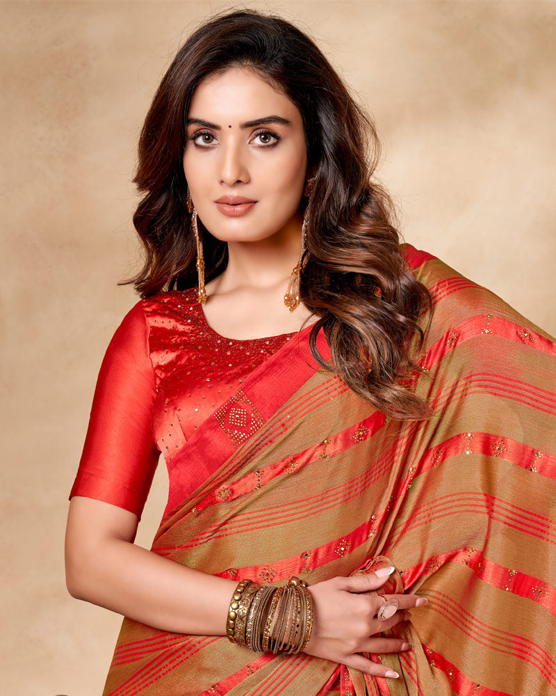 Vishal Prints Red Satin Brasso Designer Saree With Stone Work