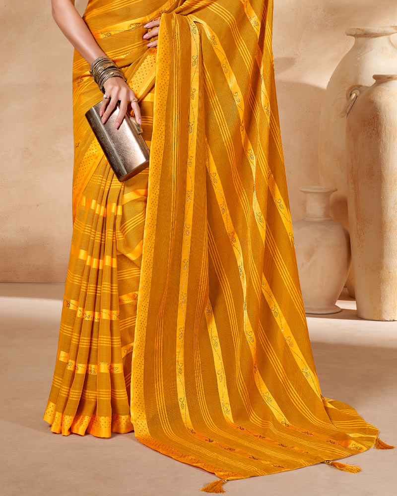 Vishal Prints Ochre Satin Brasso Designer Saree With Stone Work