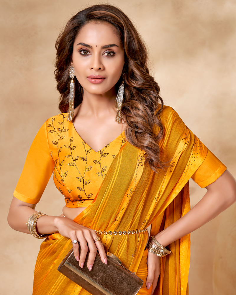 Vishal Prints Ochre Satin Brasso Designer Saree With Stone Work