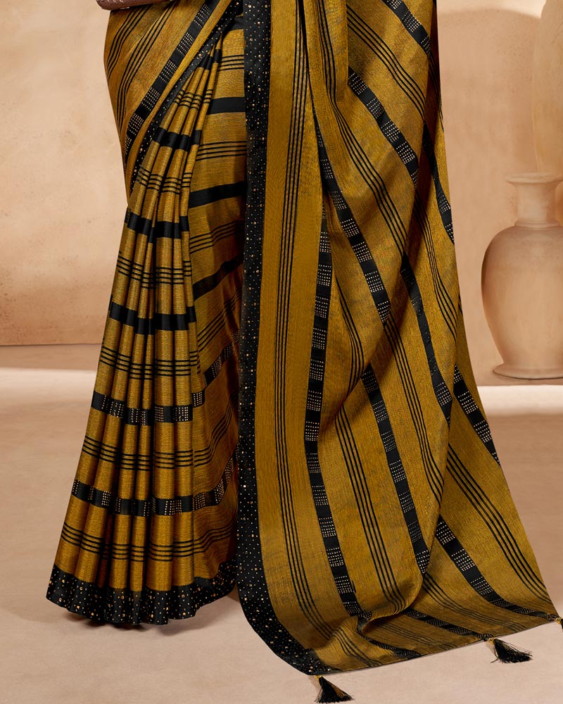 Vishal Prints Dark Mustard Satin Brasso Designer Saree With Stone Work