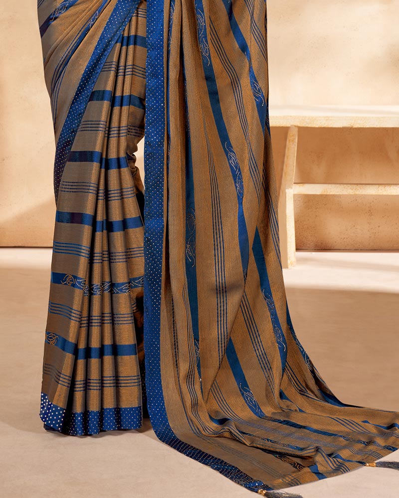 Vishal Prints Dark Blue Satin Brasso Designer Saree With Stone Work