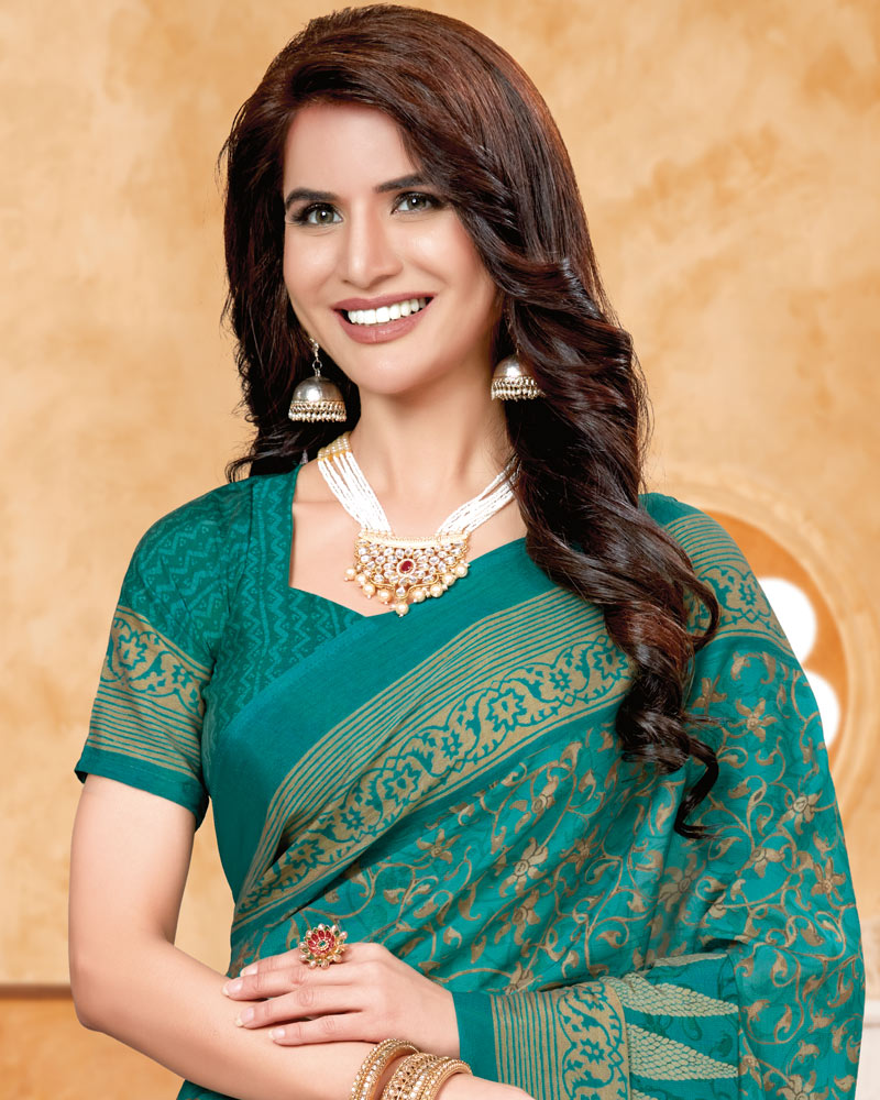 Vishal Prints Teal Blue Criva Crepe Digital Print Saree