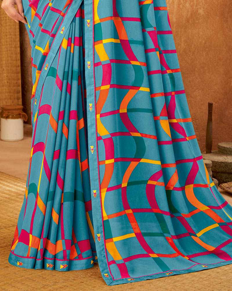 Vishal Prints Pastel Teal Blue Weightless Printed Georgette Saree With Fancy Border