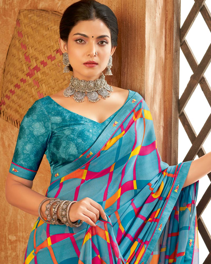 Vishal Prints Pastel Teal Blue Weightless Printed Georgette Saree With Fancy Border