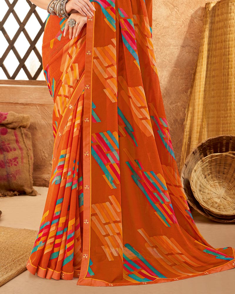 Vishal Prints Dark Orange Weightless Printed Georgette Saree With Fancy Border