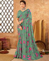 Vishal Prints Pastel Sea Green Weightless Printed Georgette Saree With Fancy Border
