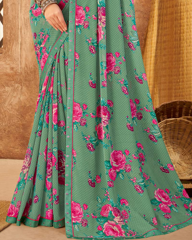 Vishal Prints Pastel Sea Green Weightless Printed Georgette Saree With Fancy Border
