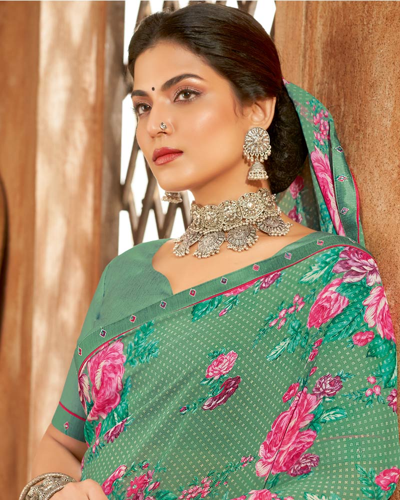 Vishal Prints Pastel Sea Green Weightless Printed Georgette Saree With Fancy Border
