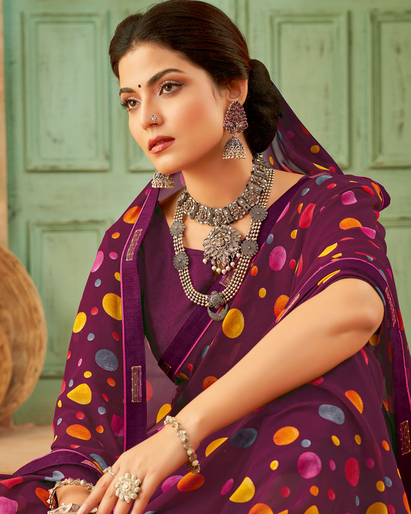 Vishal Prints Wine Weightless Printed Georgette Saree With Fancy Border