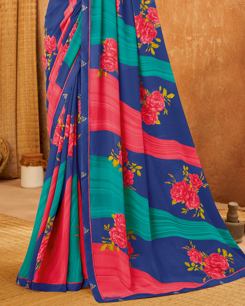 Vishal Prints Royal Blue Weightless Printed Georgette Saree With Fancy Border