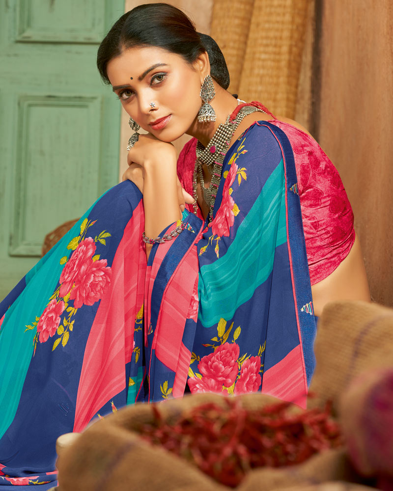 Vishal Prints Royal Blue Weightless Printed Georgette Saree With Fancy Border